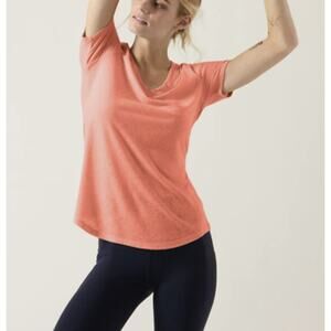 Athleta Short Sleeve V-Neck Shirt XS Coral Pink Orange Athleisure Casual Layer